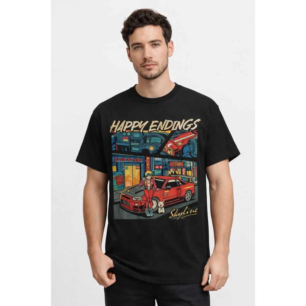 Happy Endings Cyberpunk Skyline  Anime Girl Japan Streetwear T-Shirt Large CR80